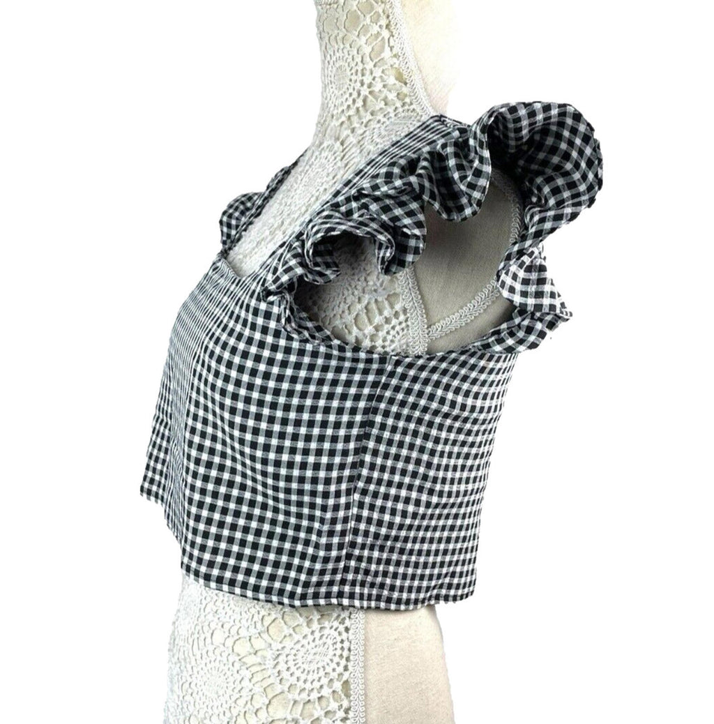 Figa Black Gingham Ruffle Sleeve Square Neck Blouse Women's UK Size 8 Cropped Black & White