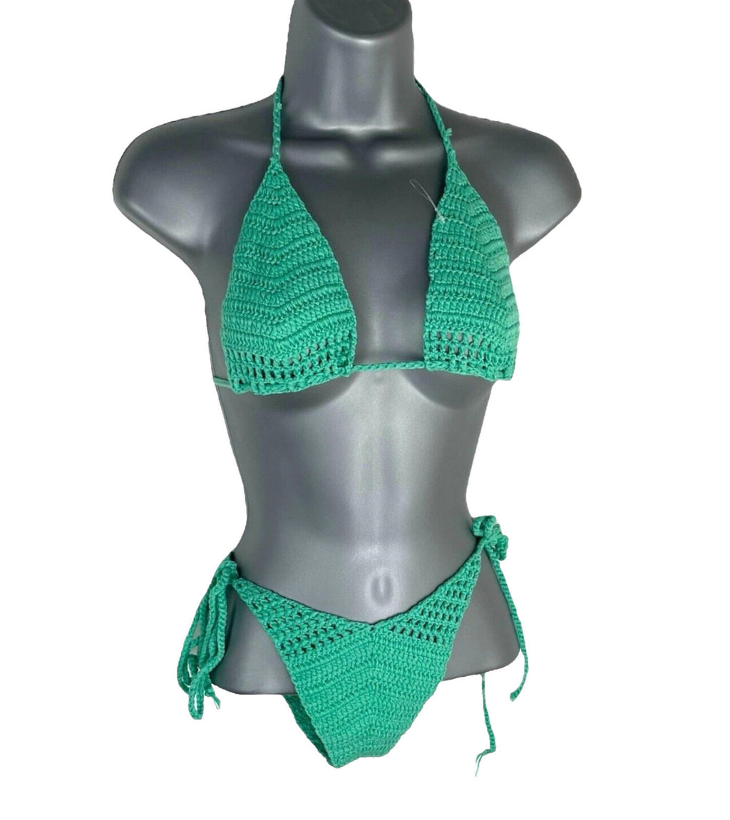 Crochet Bikini Set Women’s UK Size 8 Green Tie Side Triangle Top High Leg