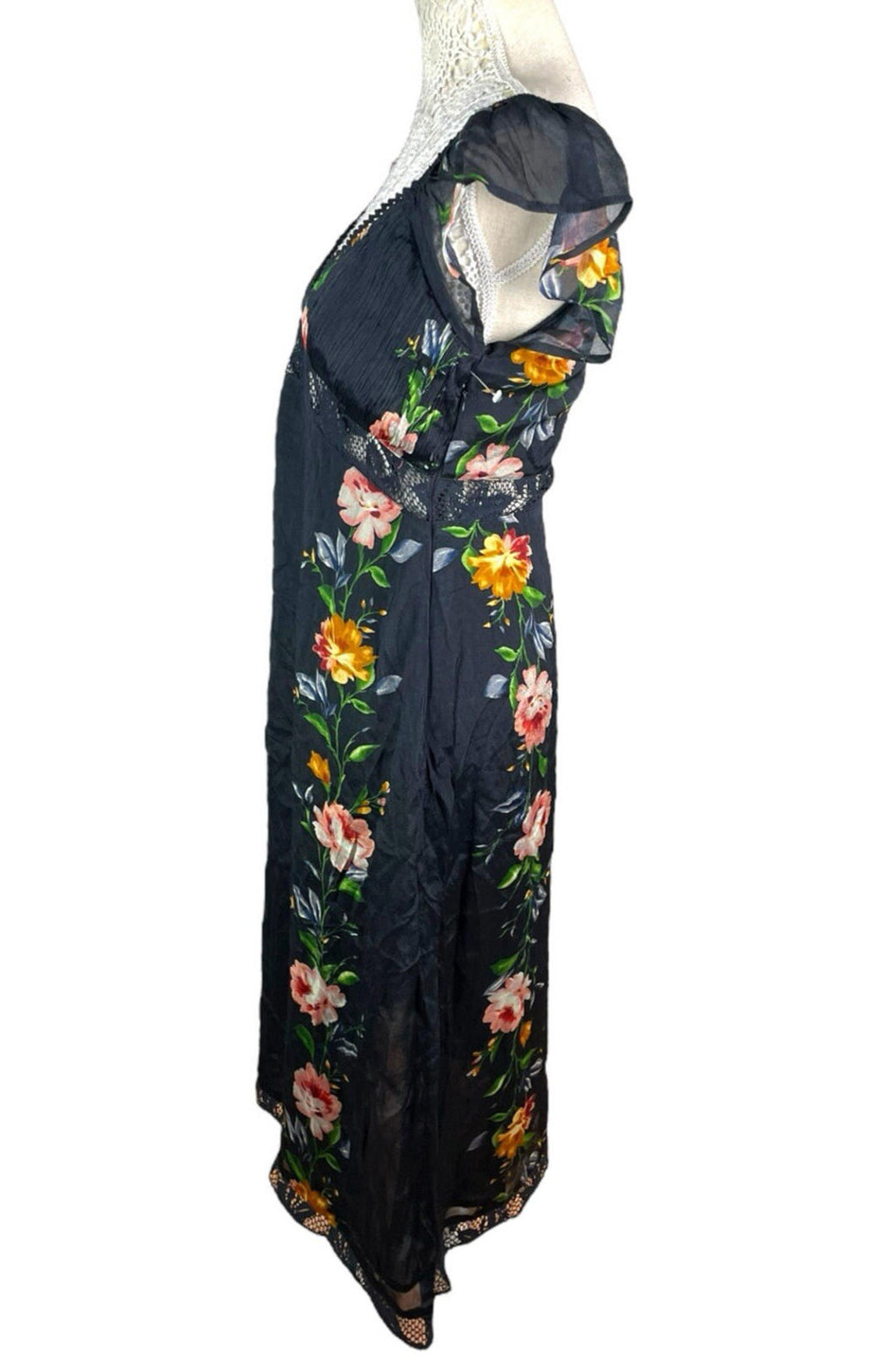 Black Floral Maxi Dress Lace Panels Women's UK Size 8