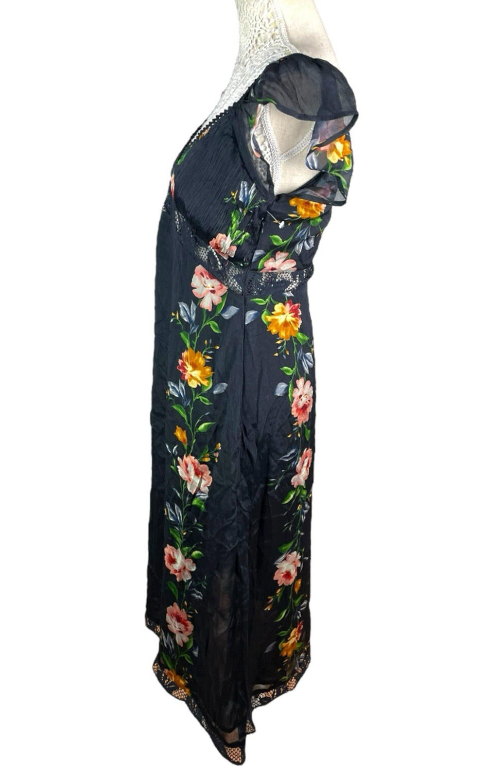 Black Floral Maxi Dress Lace Panels Women's UK Size 8
