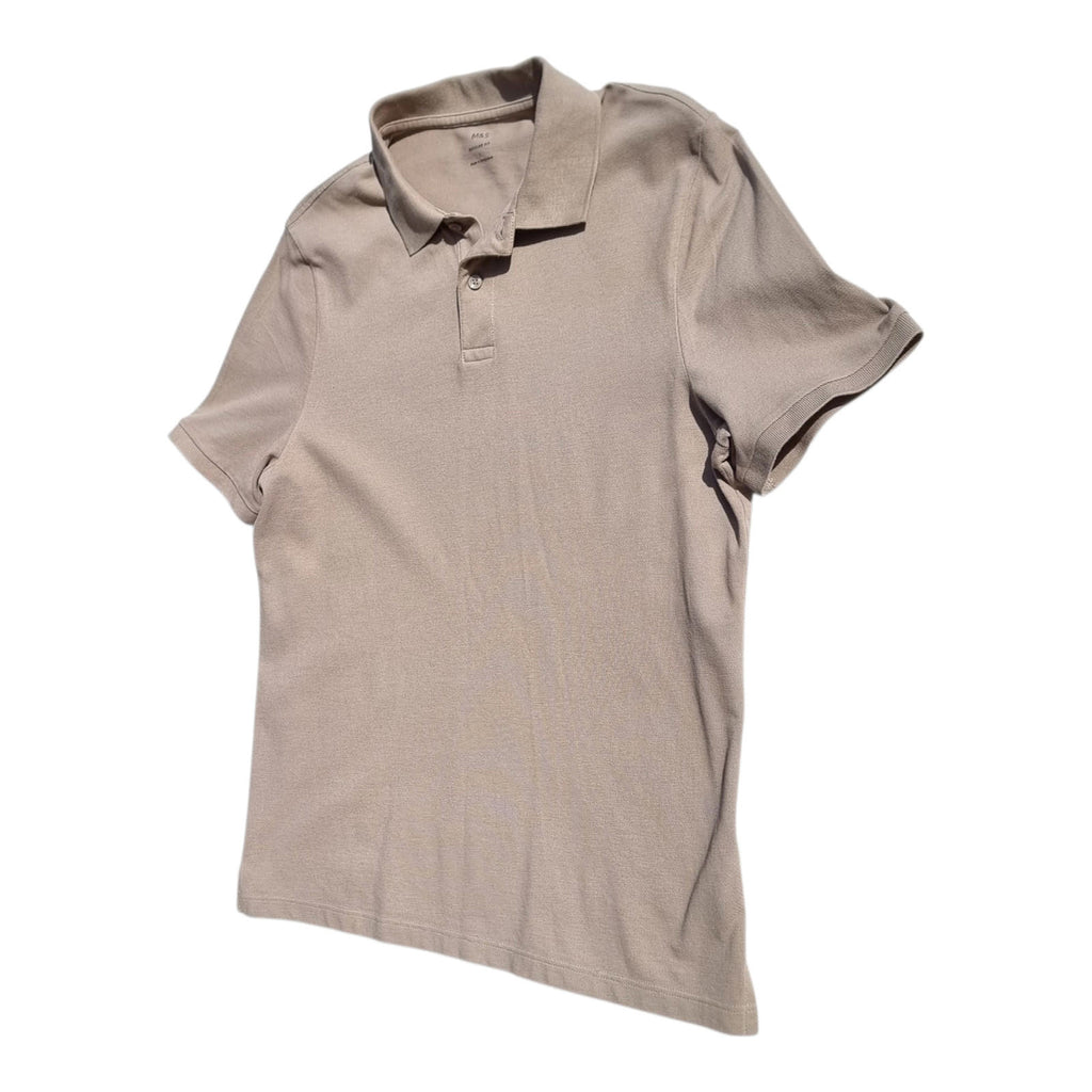 Marks & Spencer Tan M&S Polo Shirt Men's UK Size L Beige Sand Short Sleeve 100% Cotton 41-43" Chest