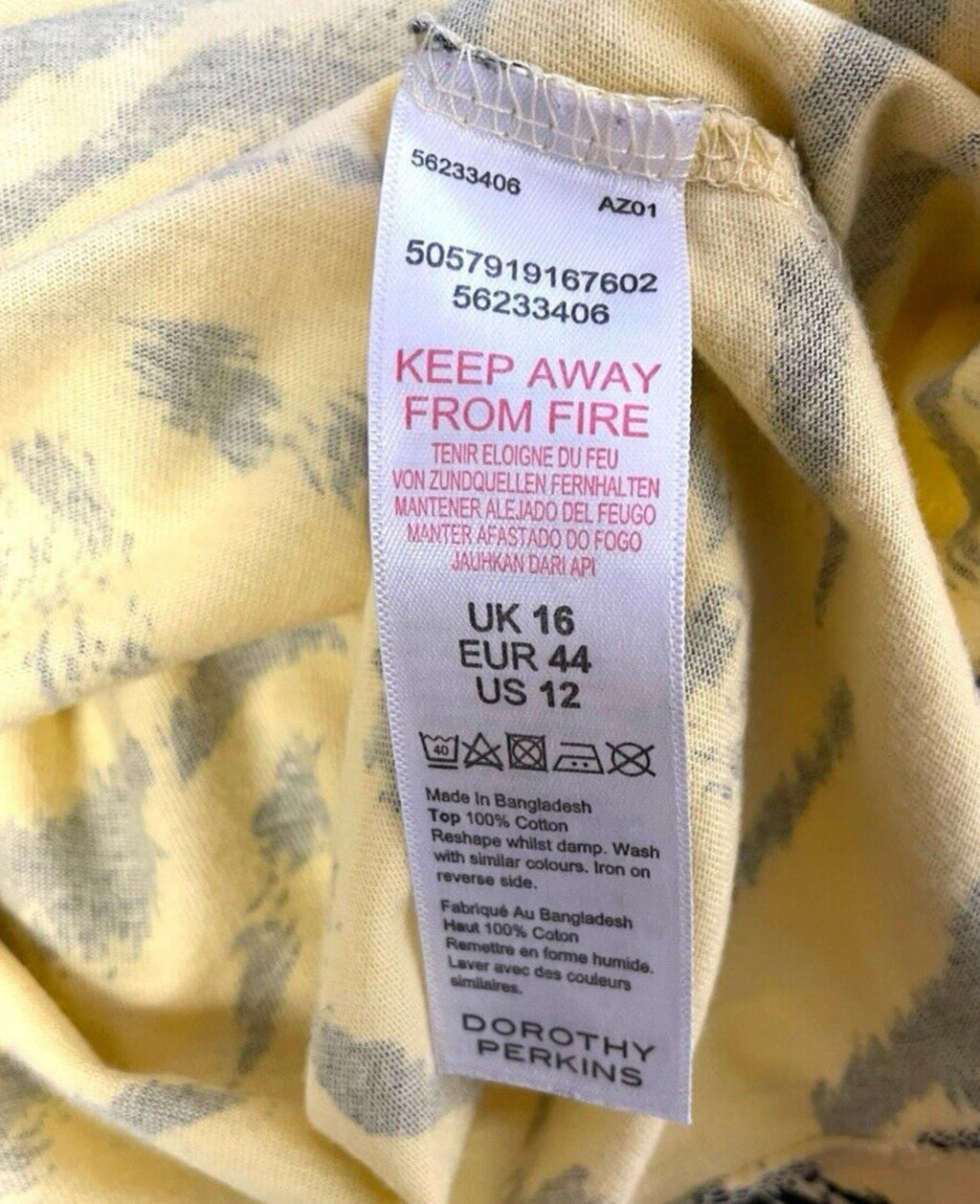 Dorothy Perkins Yellow Animal Print T-shirt 100% Cotton Women’s UK Size 16