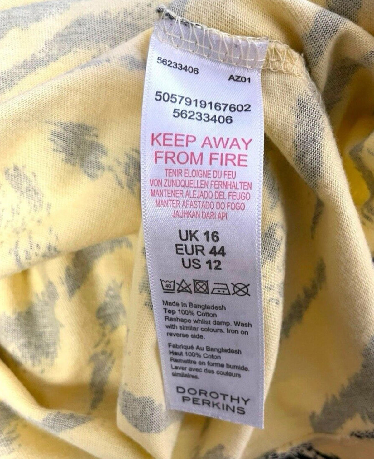Dorothy Perkins Yellow Animal Print T-shirt 100% Cotton Women’s UK Size 16