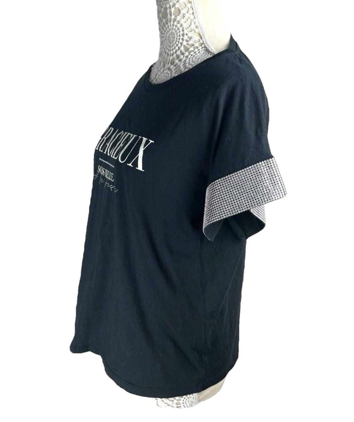 River Island T-shirt Top Diamante Sleeve Detail Women's UK Size 14