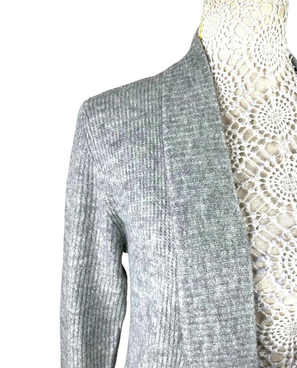 New Look Longline Knit Cardigan Women's UK Size S Grey Ribbed Open Front Pockets