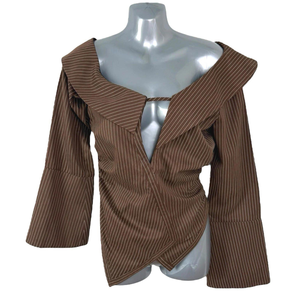 Pretty Little Thing Brown Pretty Little Thing Stripe Plunge Top Women's UK Size 8 Long Sleeve Shirt Blouse