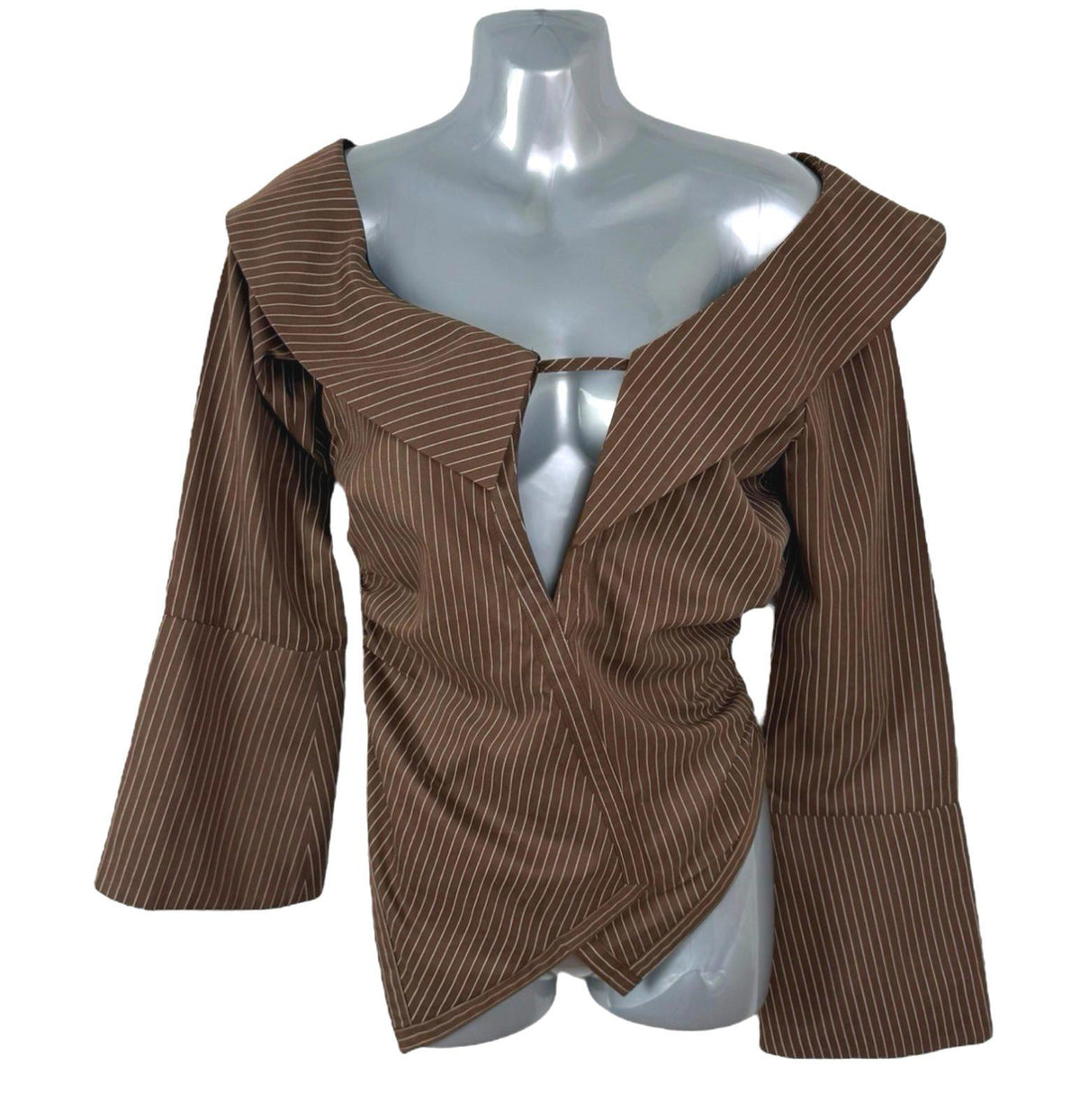 Pretty Little Thing Brown Pretty Little Thing Stripe Plunge Top Women's UK Size 8 Long Sleeve Shirt Blouse