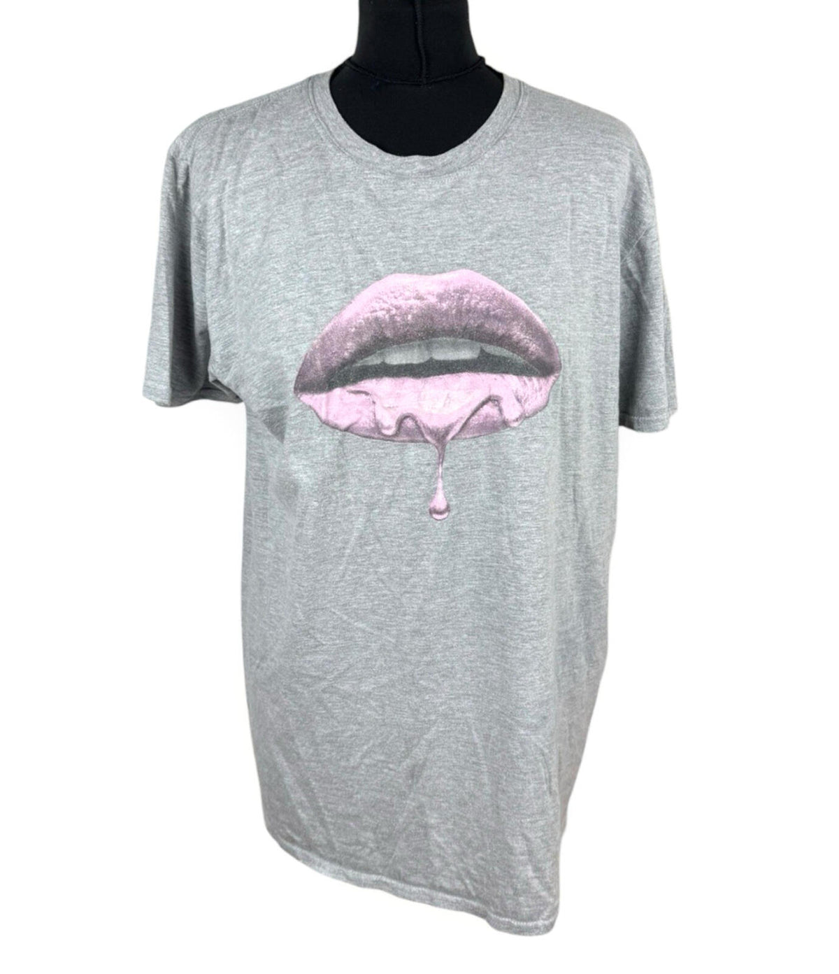 Gildan Pink Glitter Lips T-Shirt Women's UK Size L Grey Jersey Graphic Print Crew Neck