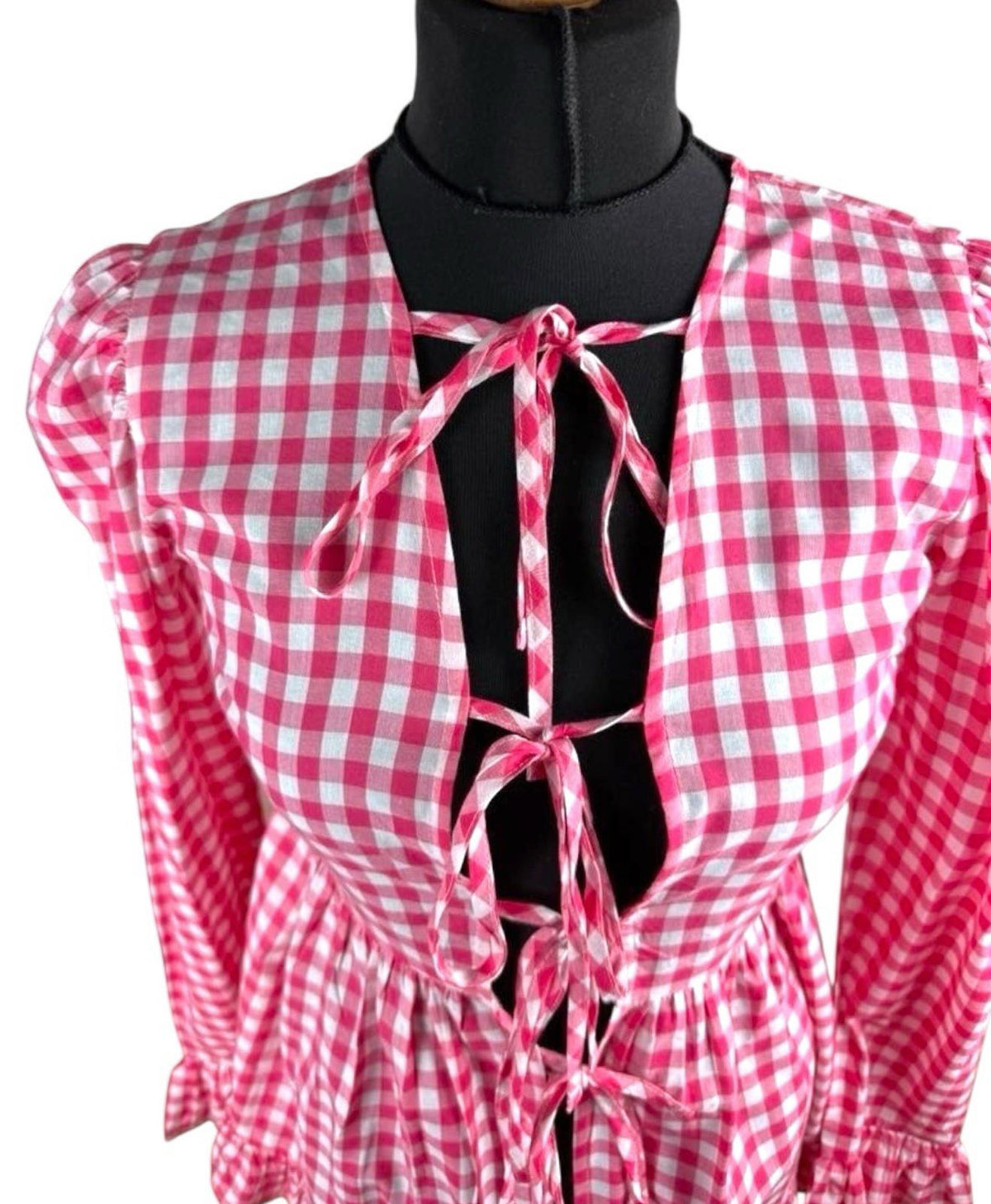 Red Gingham Tie Front Blouse Long Sleeve Grilled Hem Women's UK Size S