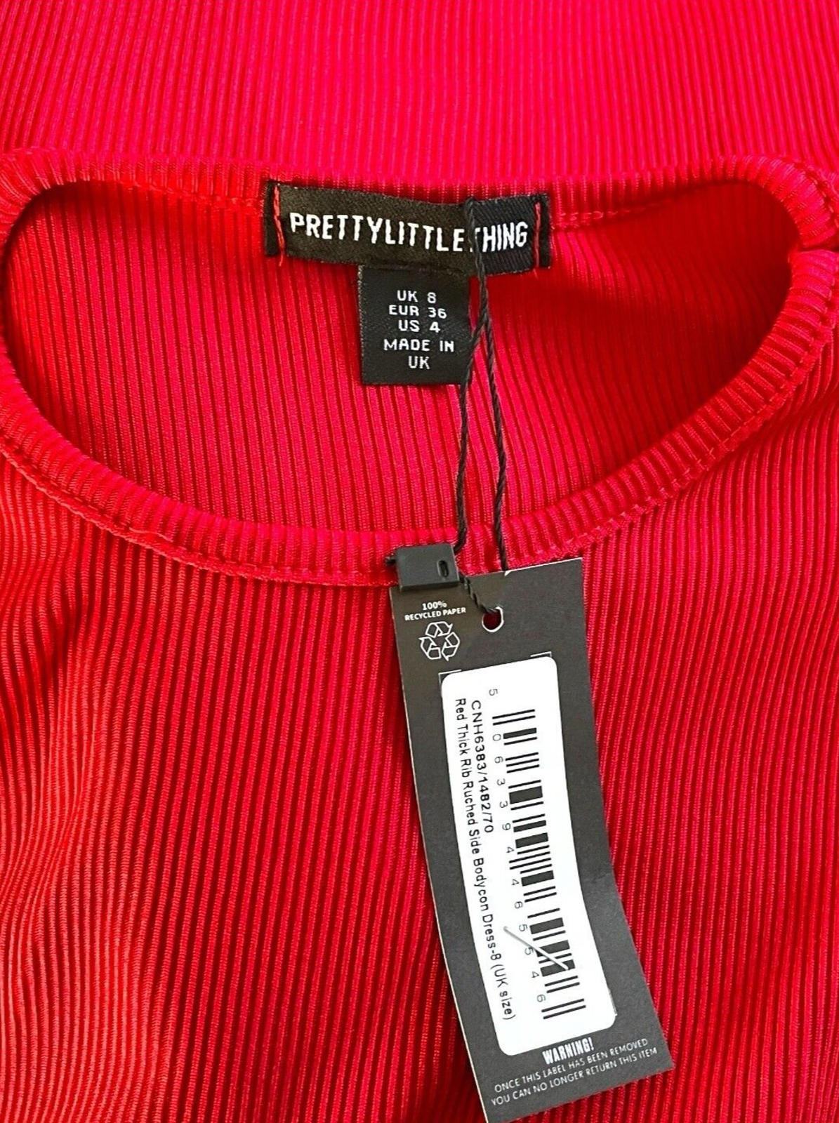 Pretty Little Thing Rib Body Con Dress Red Midi Women’s UK Size 8