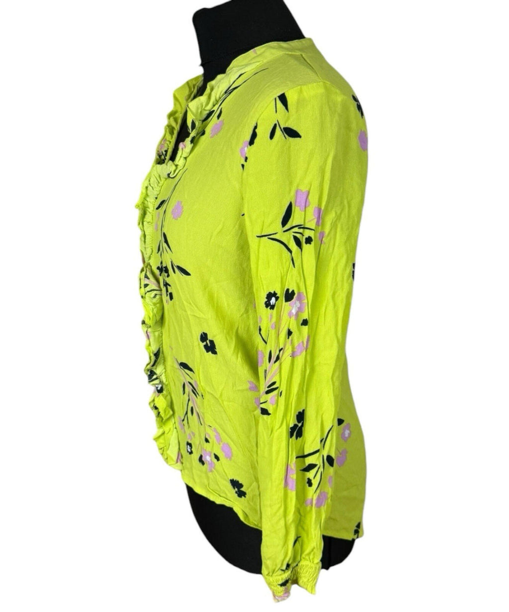 River Island Neon Blouse Women's UK Size 10 Long Sleeve Frill Detail Floral