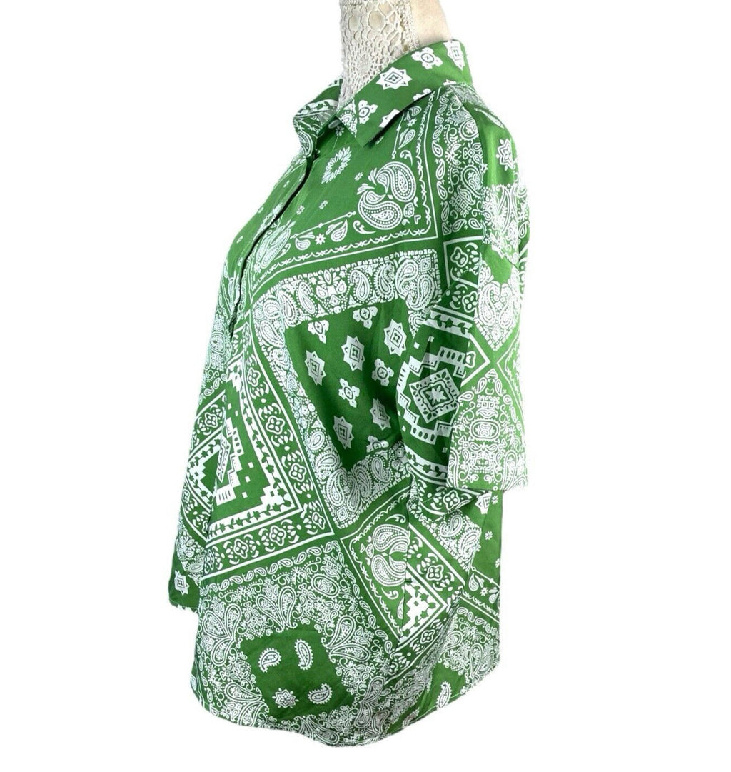 Shein Green & White Paisley Print Shirt Blouse Women's UK Size M