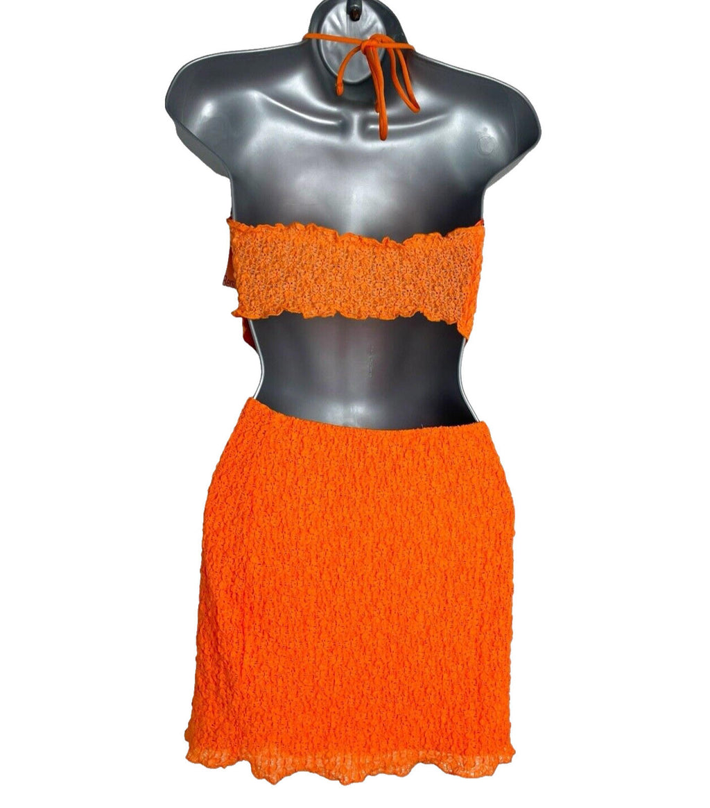 Bershka Bright Orange Textured Co Ord Set Women's UK Size XS Crop Top & Skirt