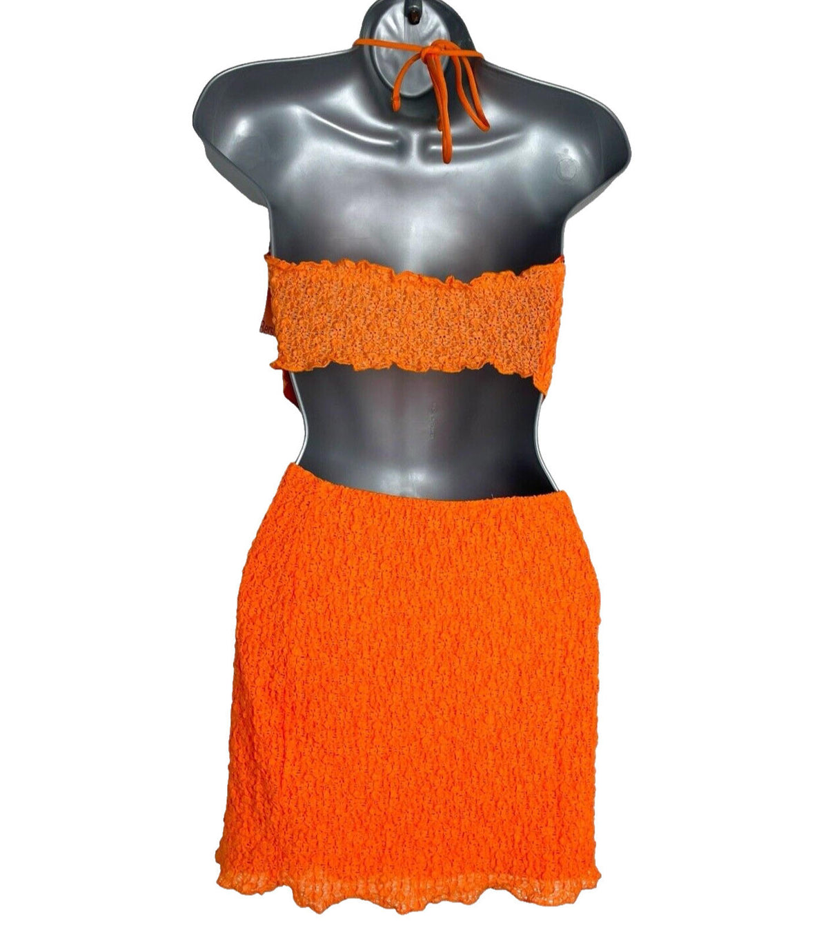 Bershka Bright Orange Textured Co Ord Set Women's UK Size XS Crop Top & Skirt