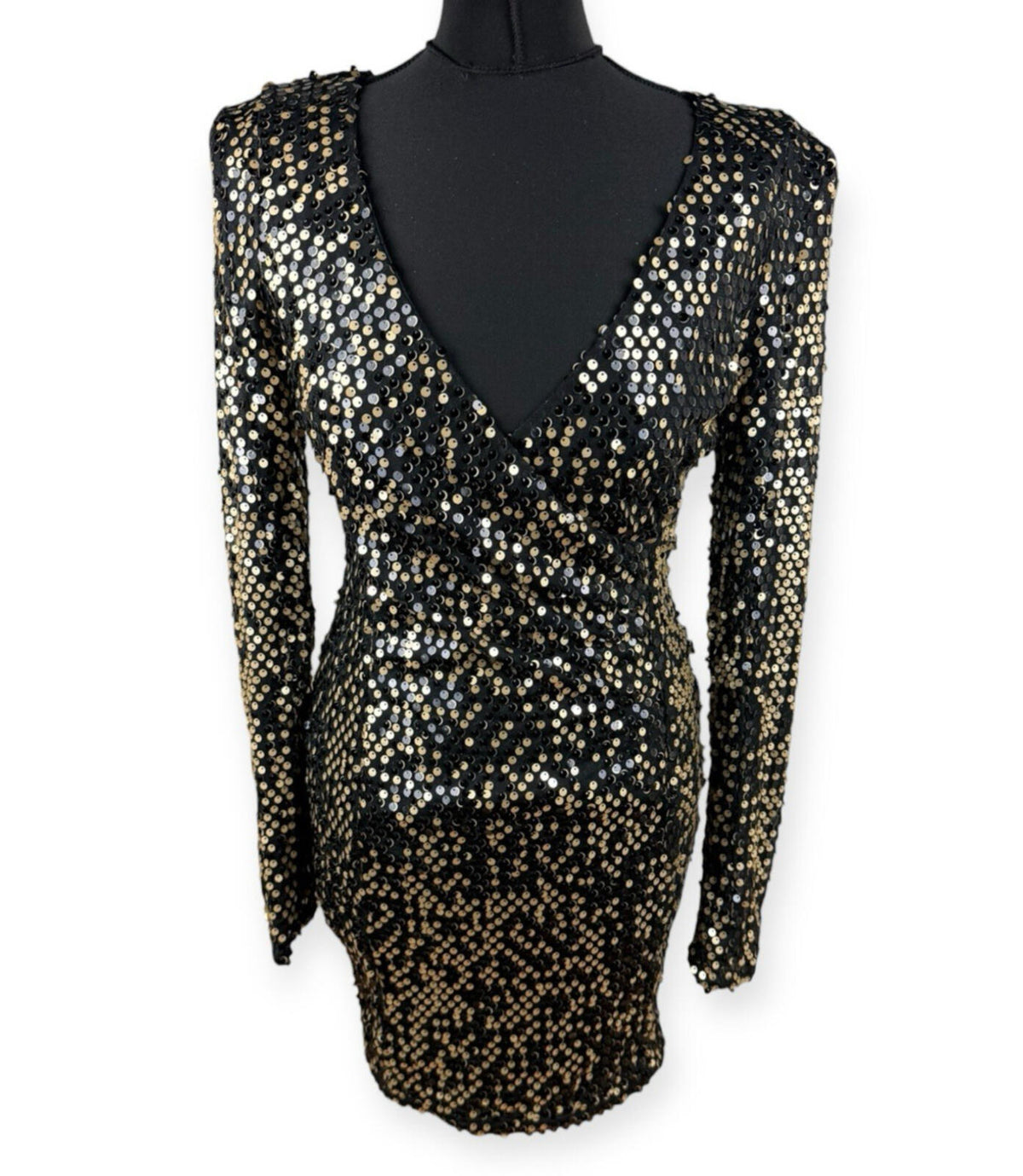 AX Paris Sequin Mini Dress Women's UK Size 10 Long Sleeve Black Gold