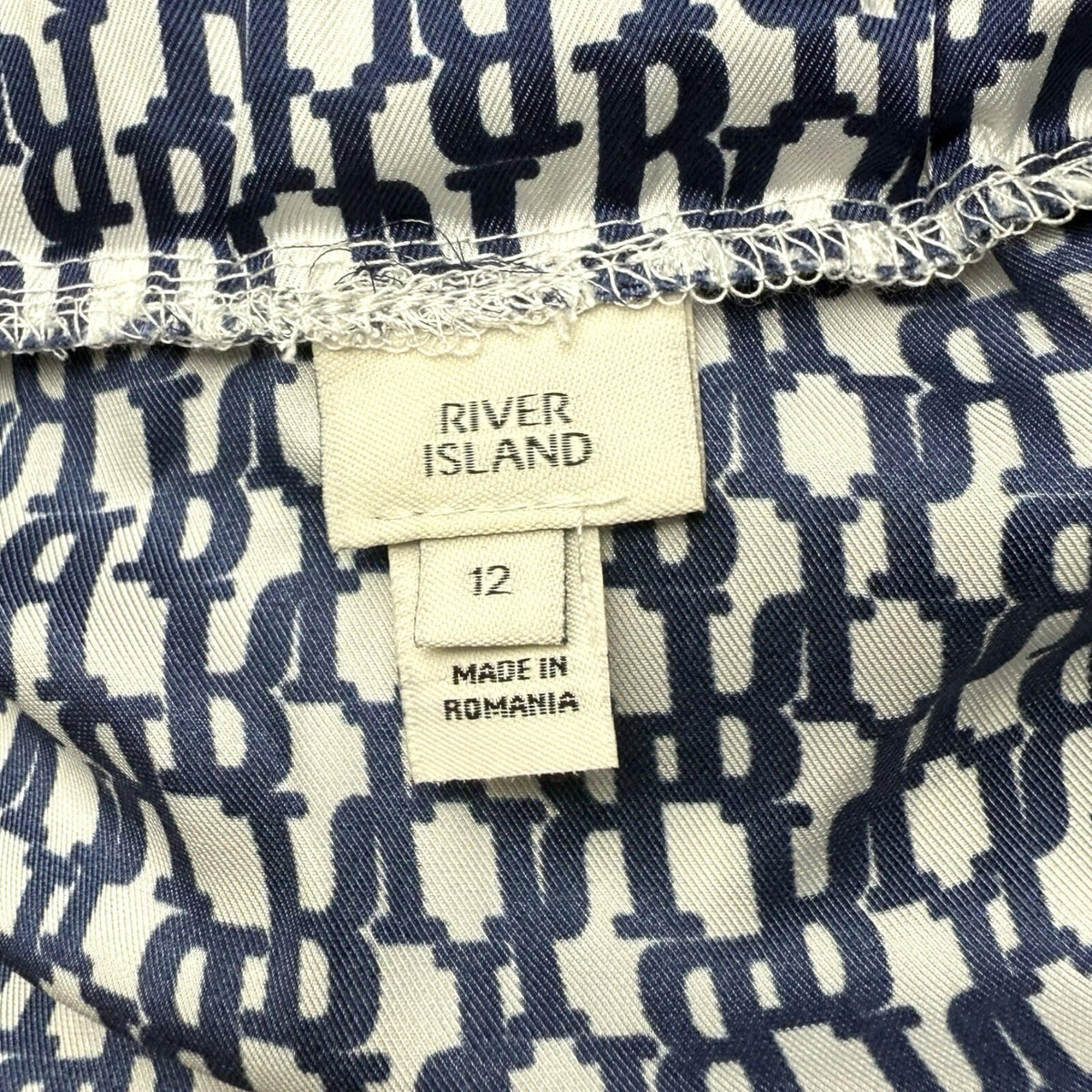 River Island Satin Off Shoulder Top Women's UK Size 12 Logo Print White Navy