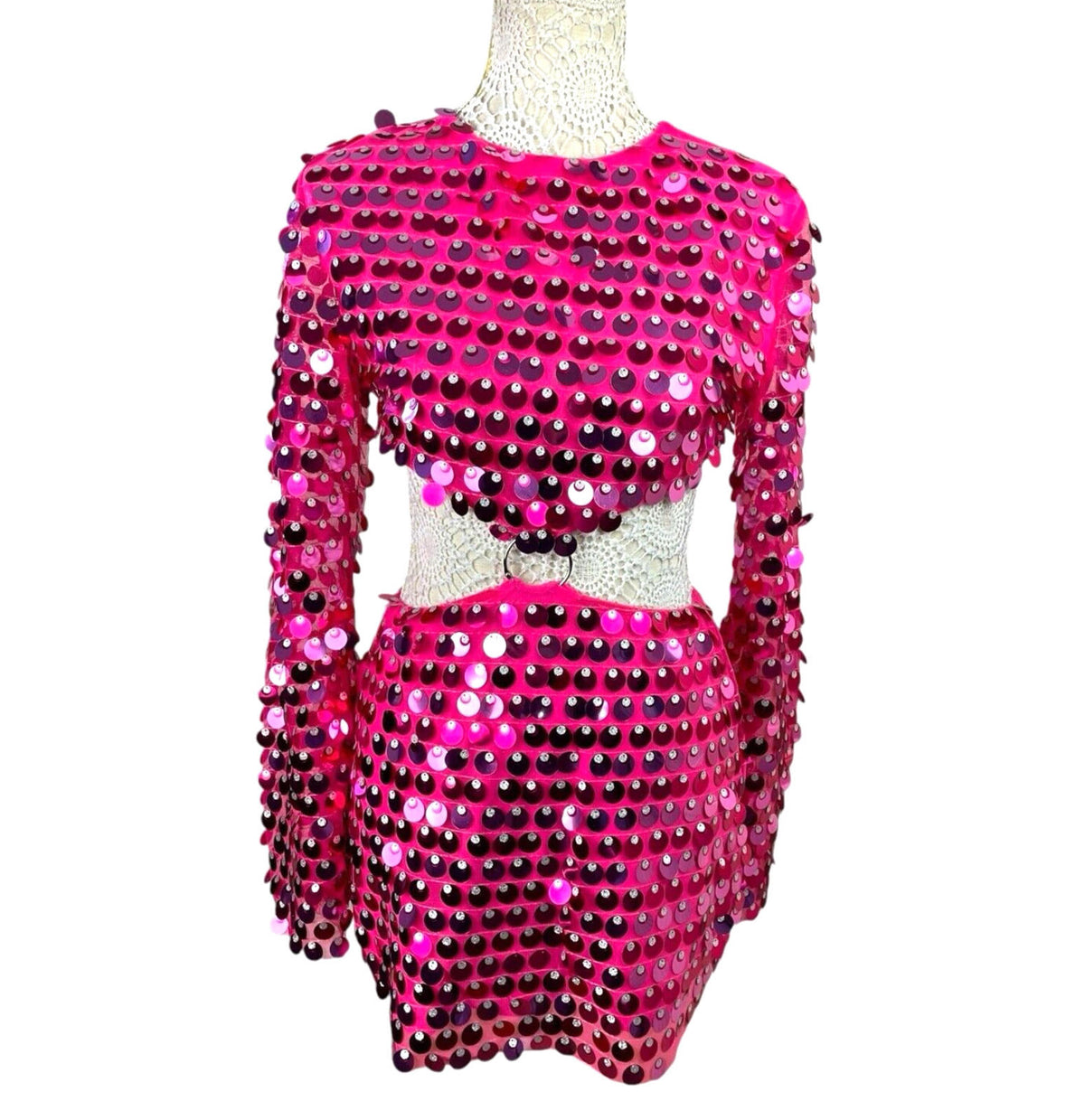 Bright Pink Big Sequin Cut Out Mini Dress Long Sheer Sleeve Women's UK Size 8-10