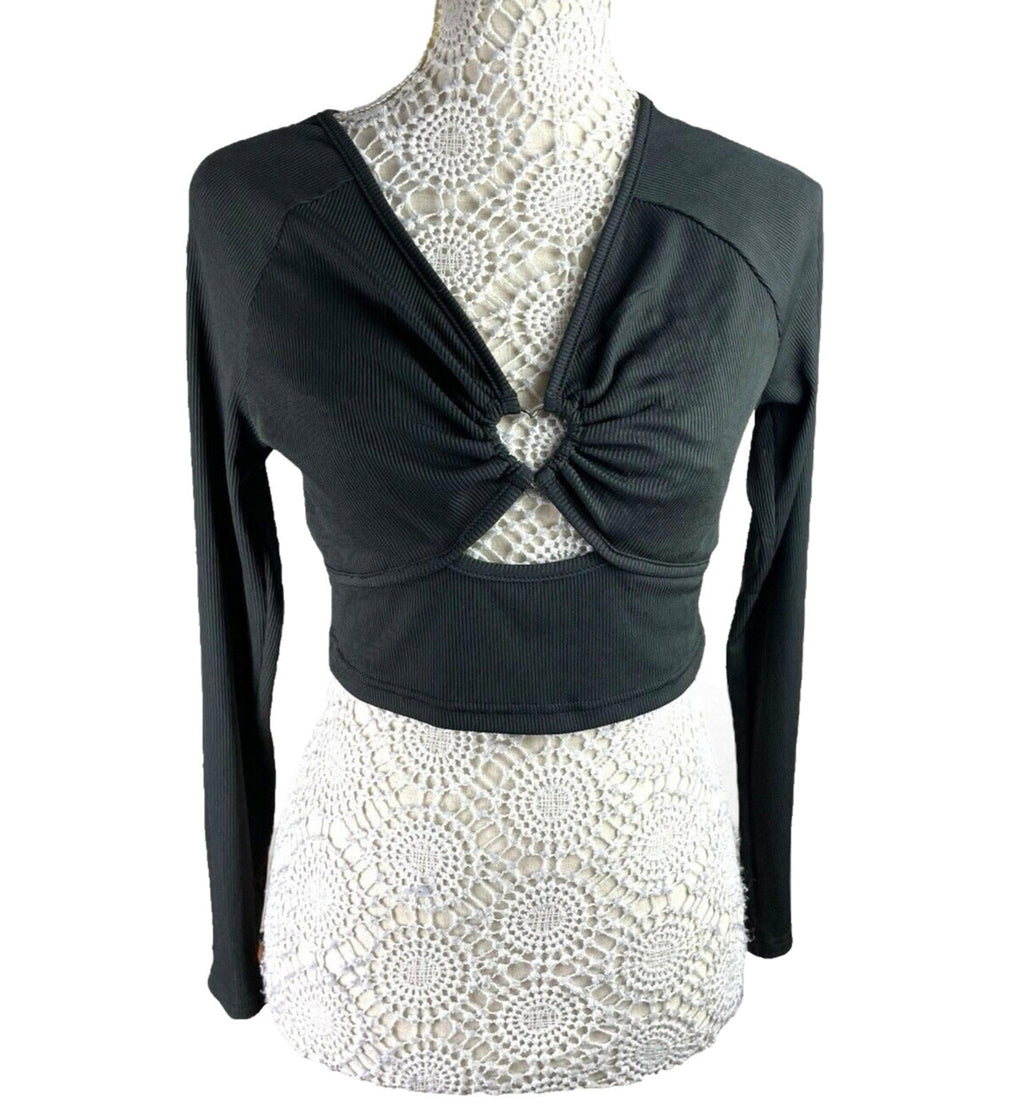 Shein Crop Top Women's UK Size L Black Ribbed Long Sleeve V-Neck Heart Cutout