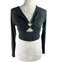 Shein Crop Top Women's UK Size L Black Ribbed Long Sleeve V-Neck Heart Cutout