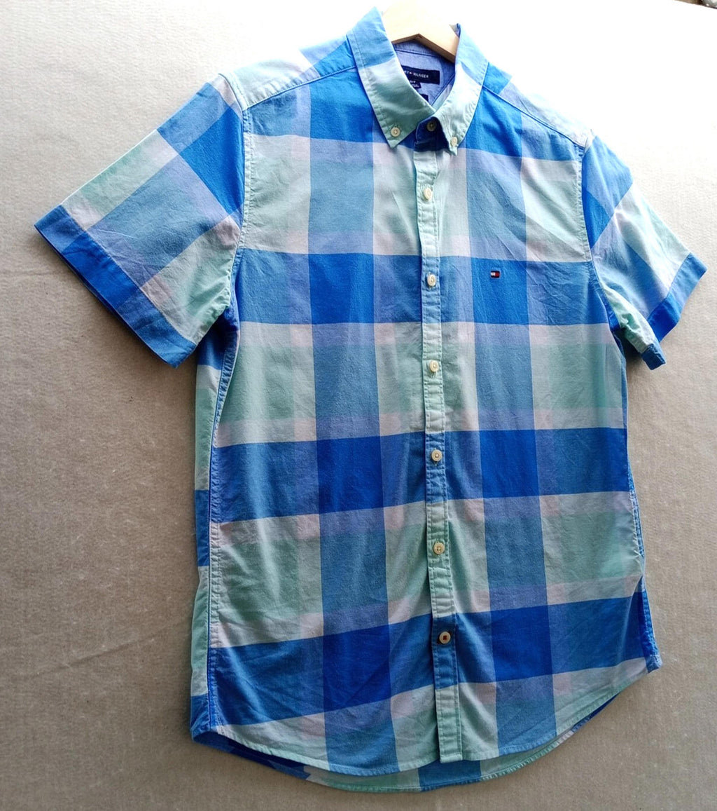 Tommy Hilfiger Button Down Shirt Men's UK Size S Slim Fit Check Short Sleeve