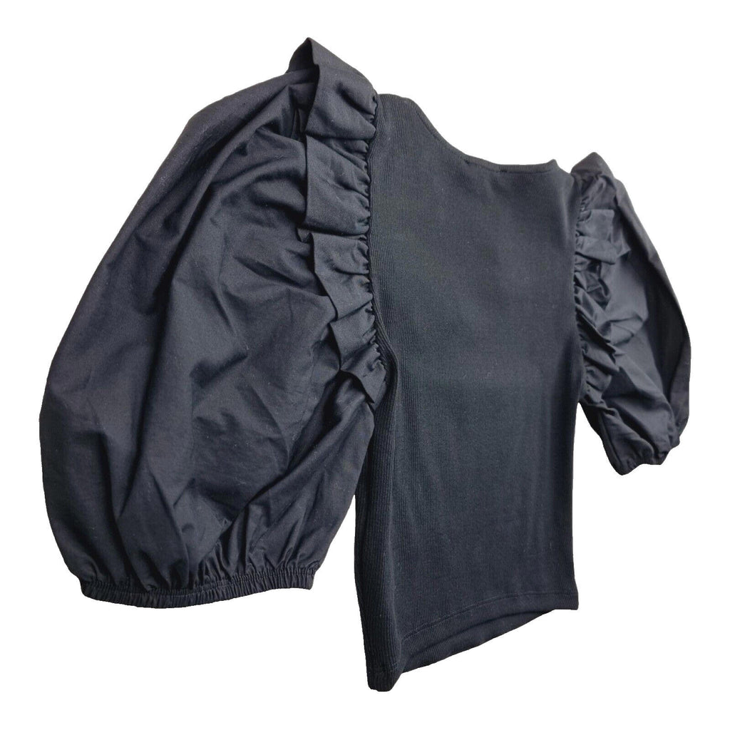 ZARA Black Zara Crop Top Balloon Sleeve Black Ribbed Ruffle Women's UK Size Small S
