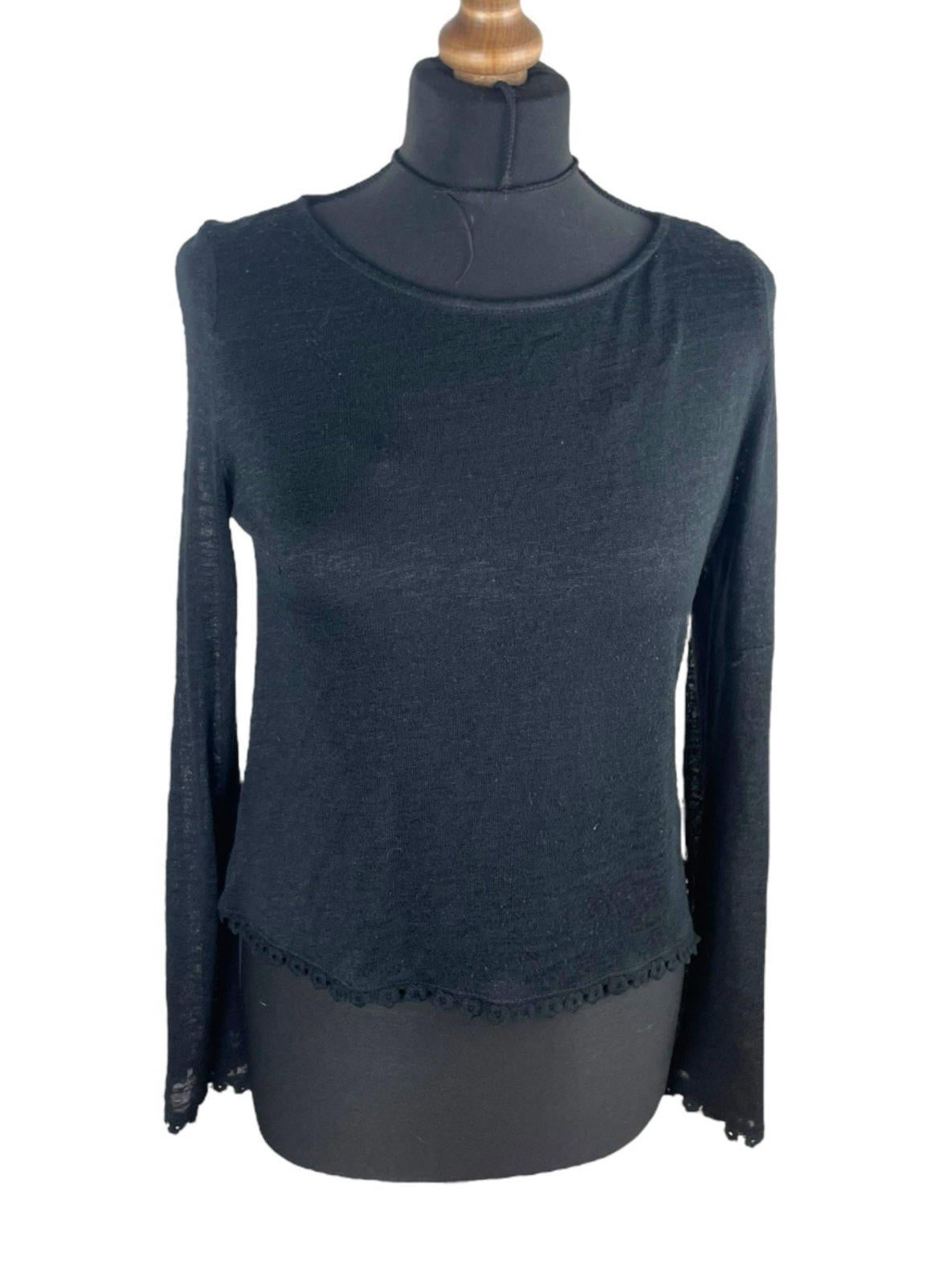 Divided Black Long Sleeve Blouse Top Frilled Hem Women's UK Size S