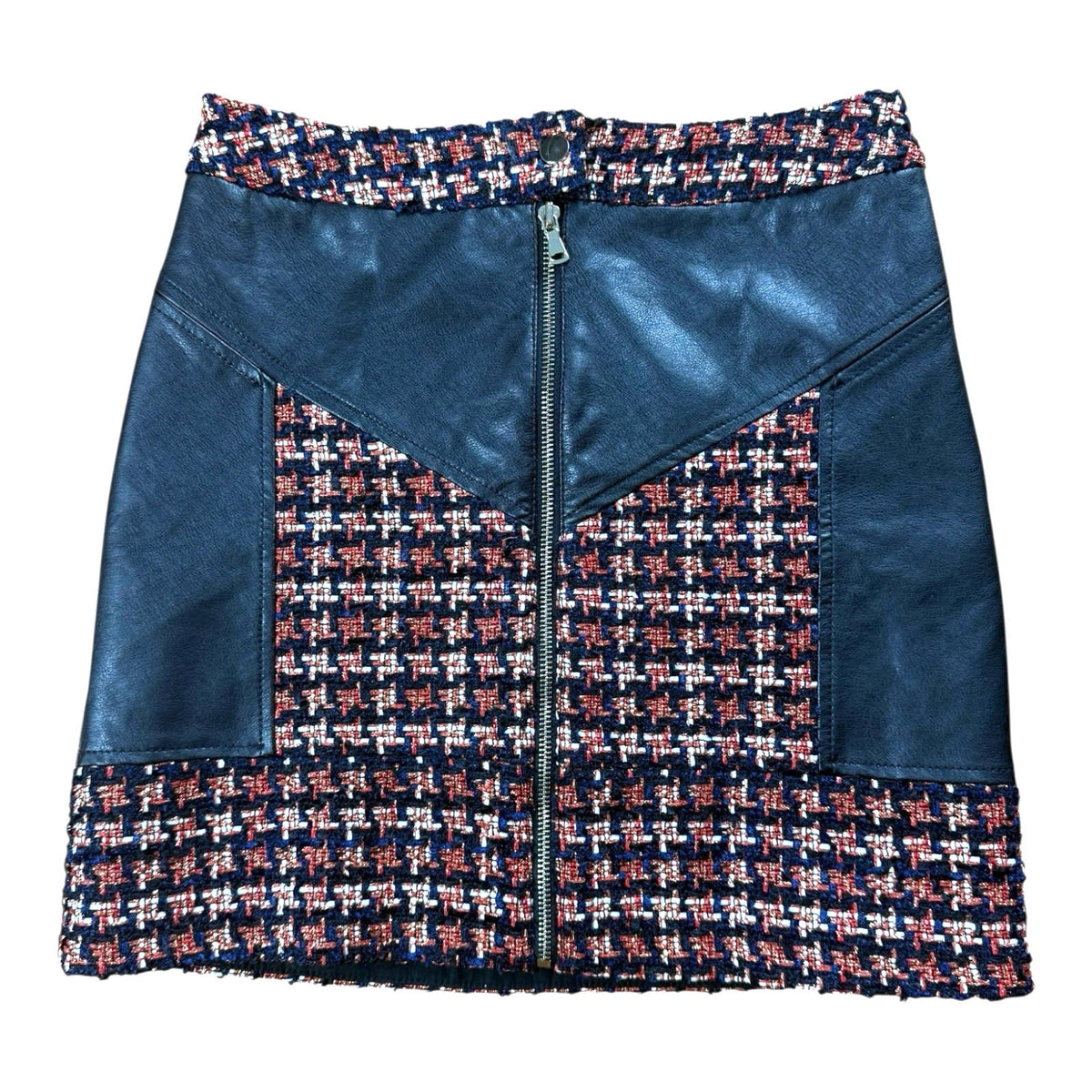 River Island Tweed A-Line Mini Skirt Faux Leather High Waist Women's UK Size 8