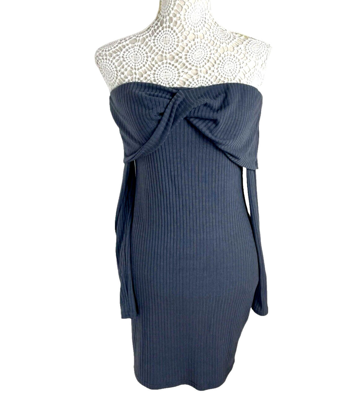 Pretty Little Thing Rib Dress Grey Off Shoulder Women’s UK Size 8