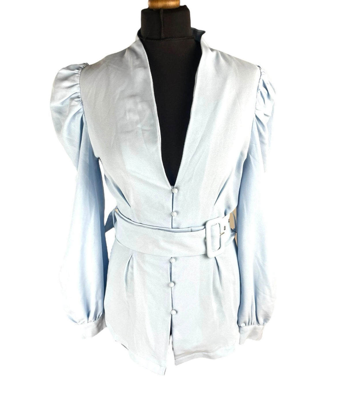 Style LightBlue In The Style Blouse Women's UK Size 10 Belted Waist Puff Shoulder Sleeves Plunge