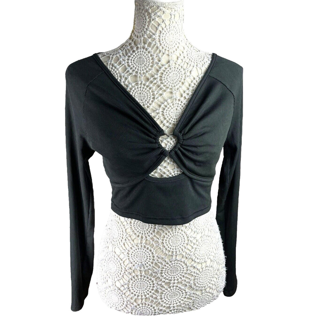 Shein Crop Top Women's UK Size L Black Ribbed Long Sleeve V-Neck Heart Cutout