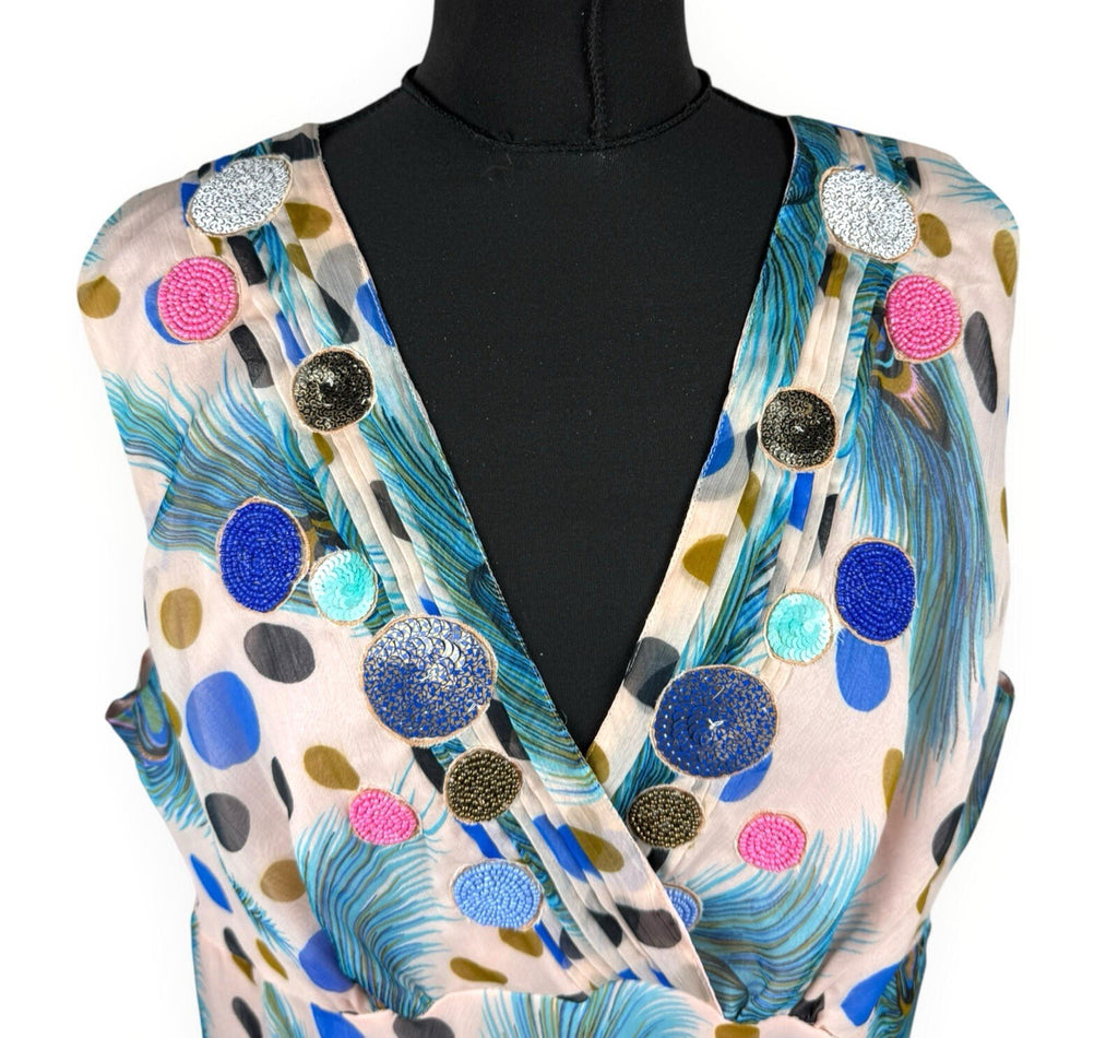 Marksharn White Marksharn Chiffon Party Dress Women's UK Size 3XL Peacock Design Multicolour