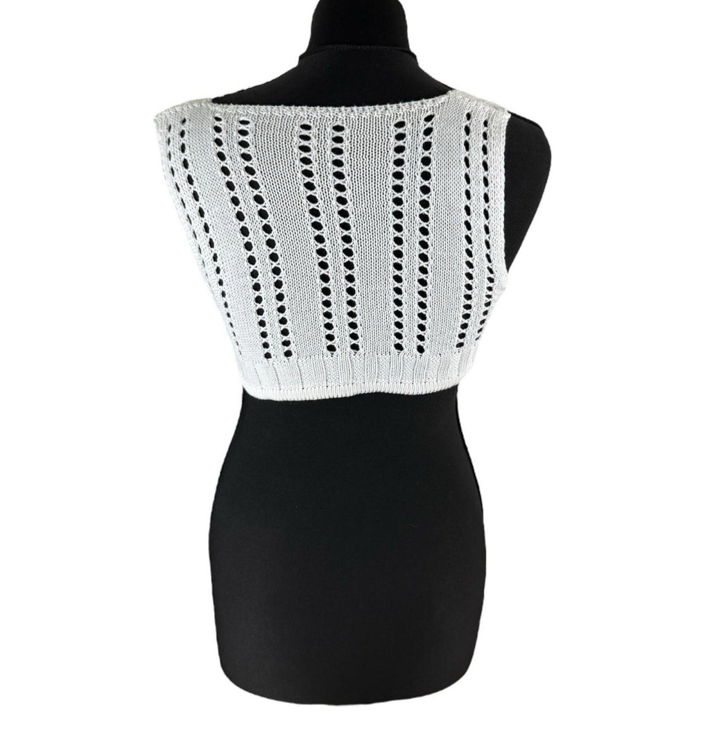 White Knit Micro Crop Top Perforated Hole Design Women's UK Size 8