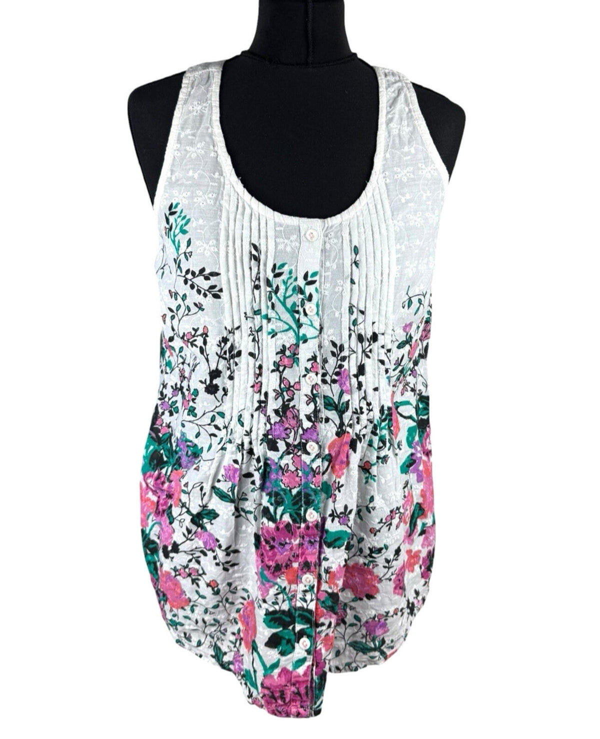 F&F Floral Blouse Women's UK Size M Button Up White Embroidered Sleeveless