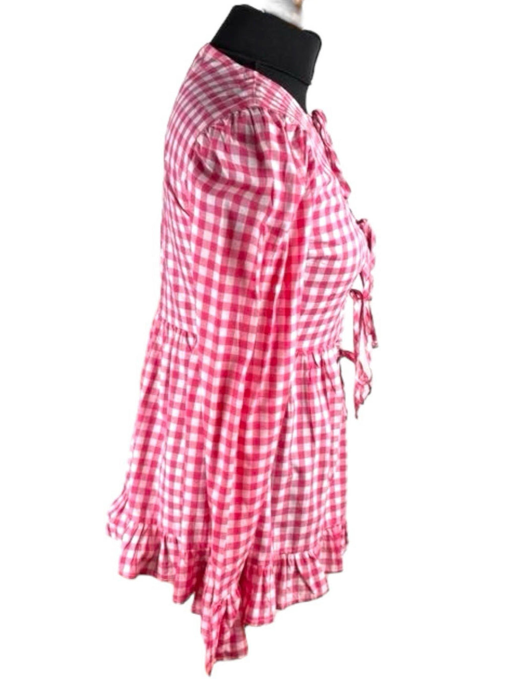 Red Gingham Tie Front Blouse Long Sleeve Grilled Hem Women's UK Size S