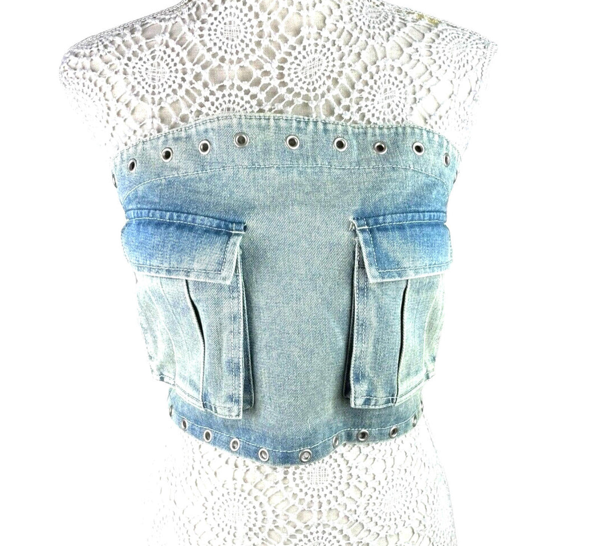 London Crew Light Wash Denim Crop Top Women's UK Size 8 Blue Pockets Shirred