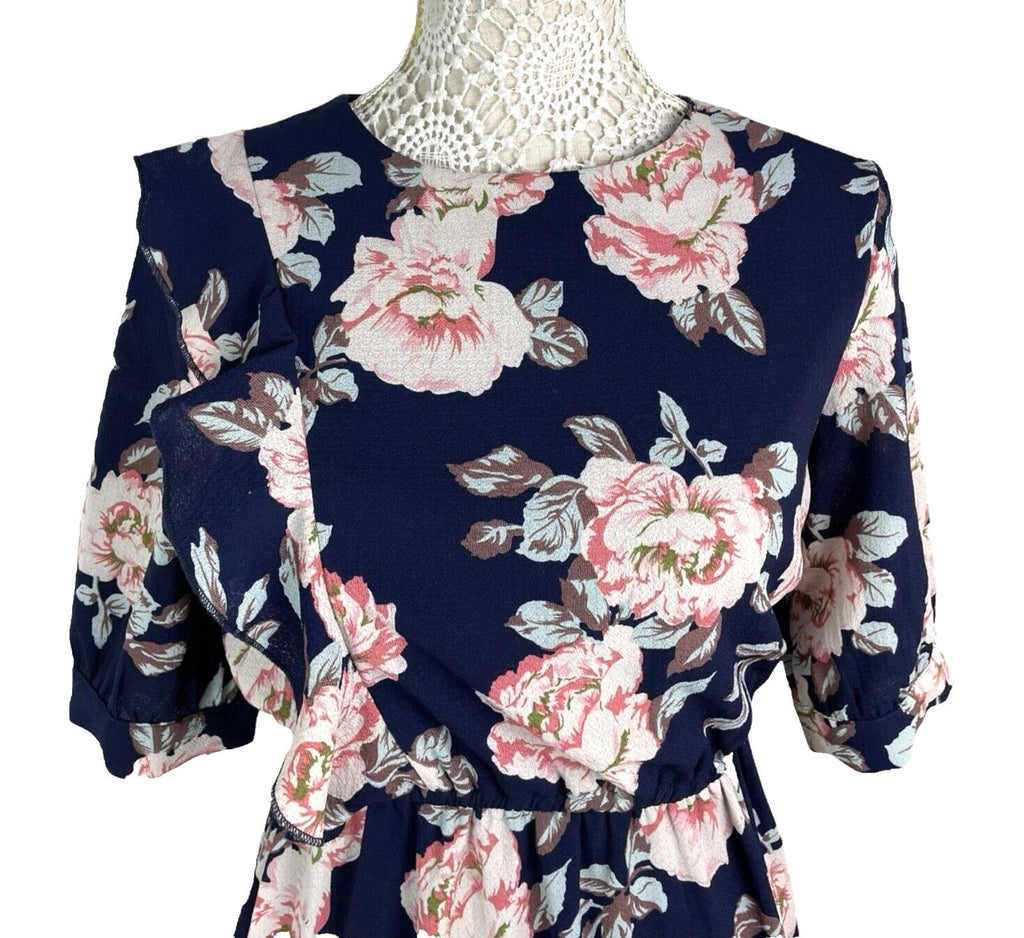 Urban Bliss Midi Dress Navy Floral High Neck Elastic Waist Women's UK Size 10