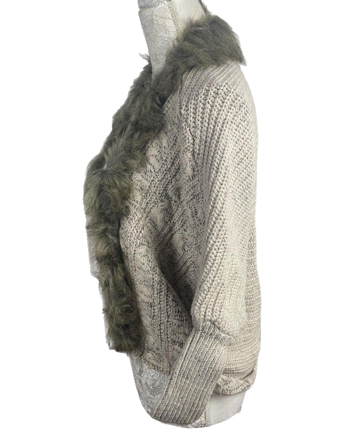 Floryday Beige Faux Fur Trimmed Knit Cardigan Sweater Women's UK Size S