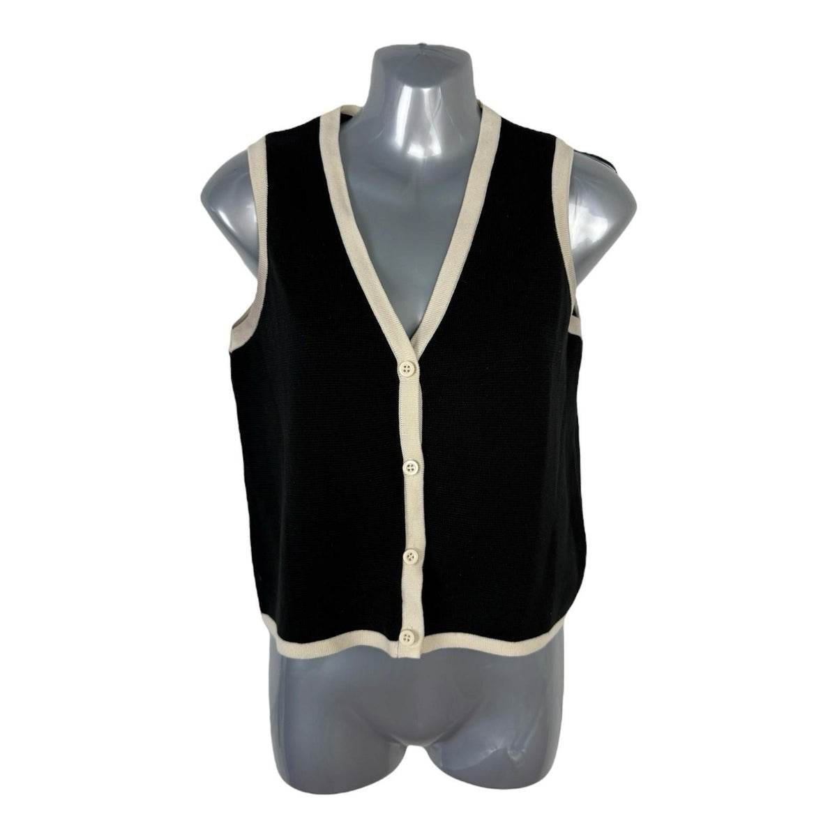 New Look Woven Waistcoat Black Cream Trim Vest Cardigan Women’s UK Size 8