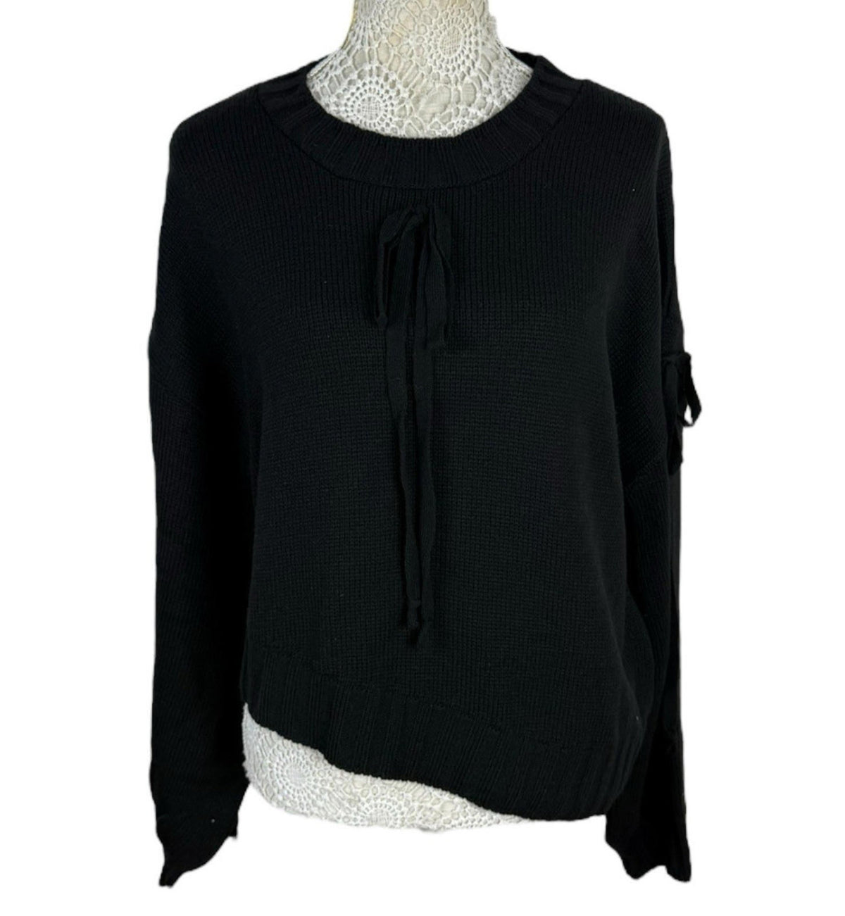Black Knit Jumper Relaxed Fit Bow Detail Crew Neck Women's UK Size S