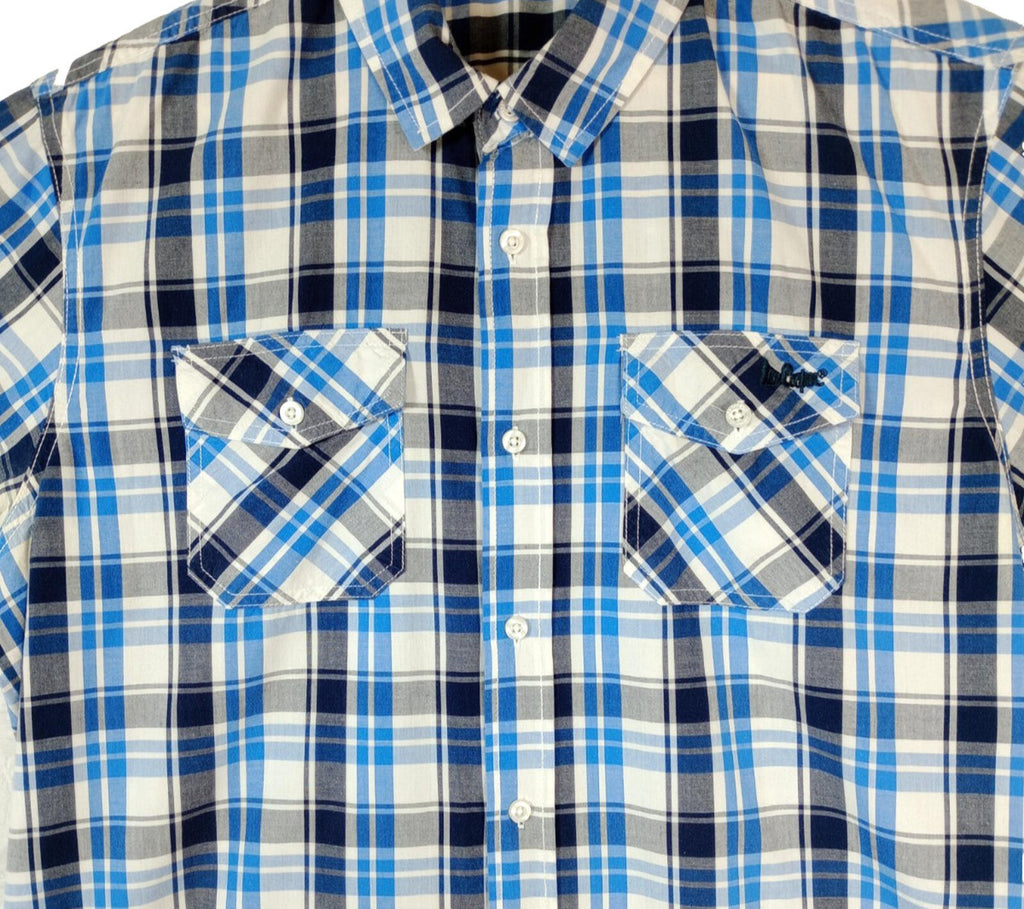 Lee Cooper Men's Shirt UK Size L Blue Check Short Sleeve Pockets 100% Cotton