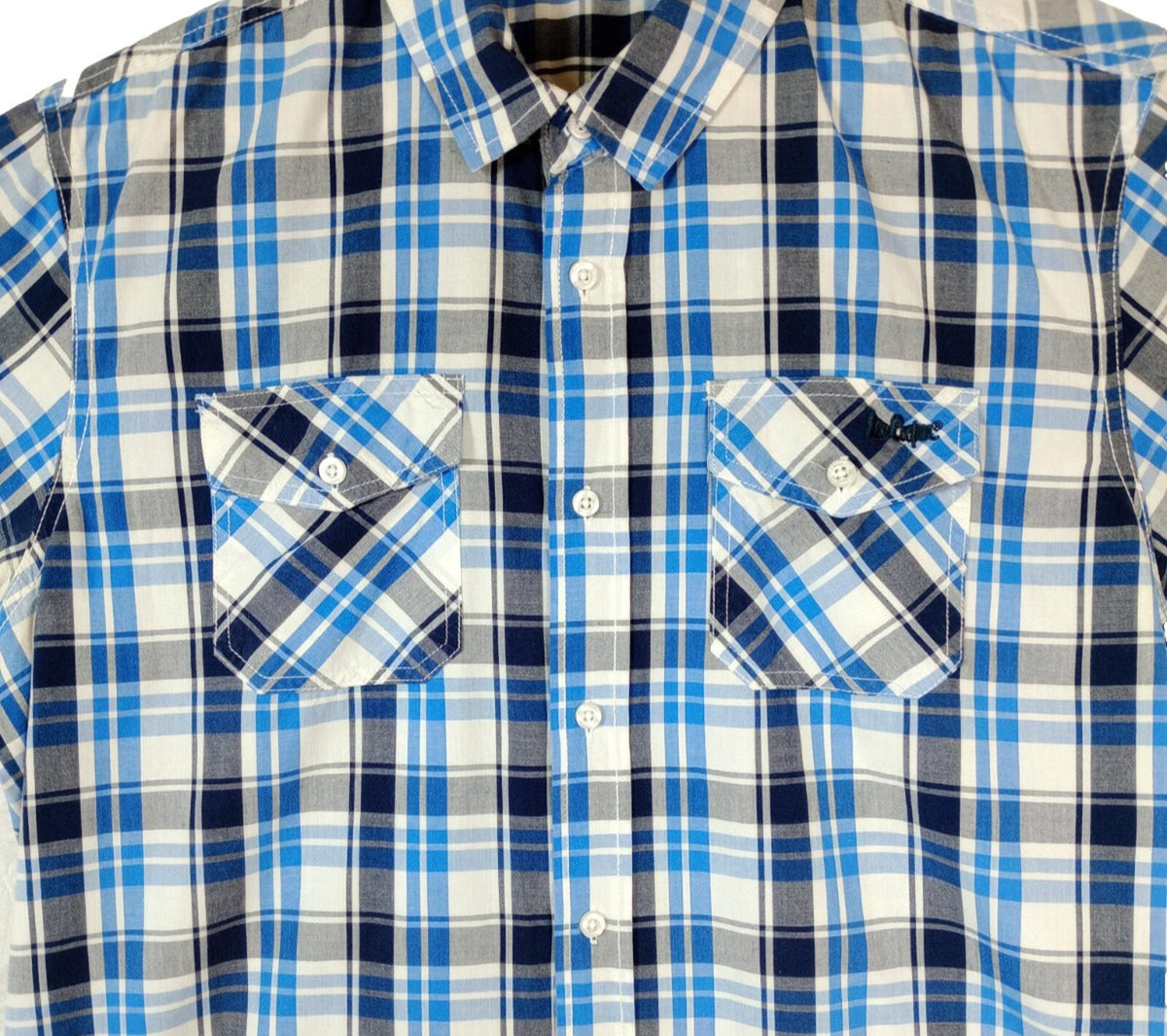 Lee Cooper Men's Shirt UK Size L Blue Check Short Sleeve Pockets 100% Cotton
