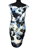 COAST Floral Wiggle Dress UK 16 Blue Black Scuba Bodycon Midi Wedding Guest