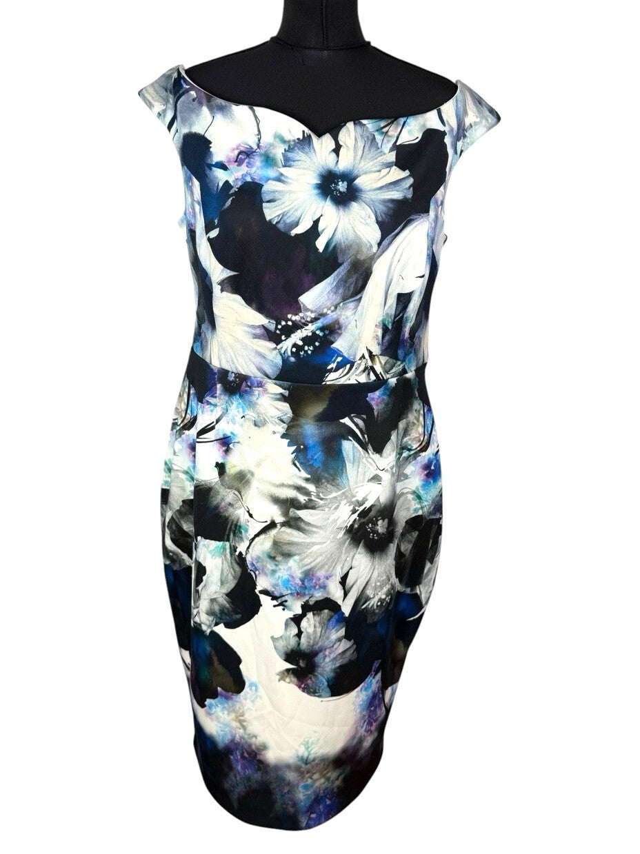 COAST Floral Wiggle Dress UK 16 Blue Black Scuba Bodycon Midi Wedding Guest