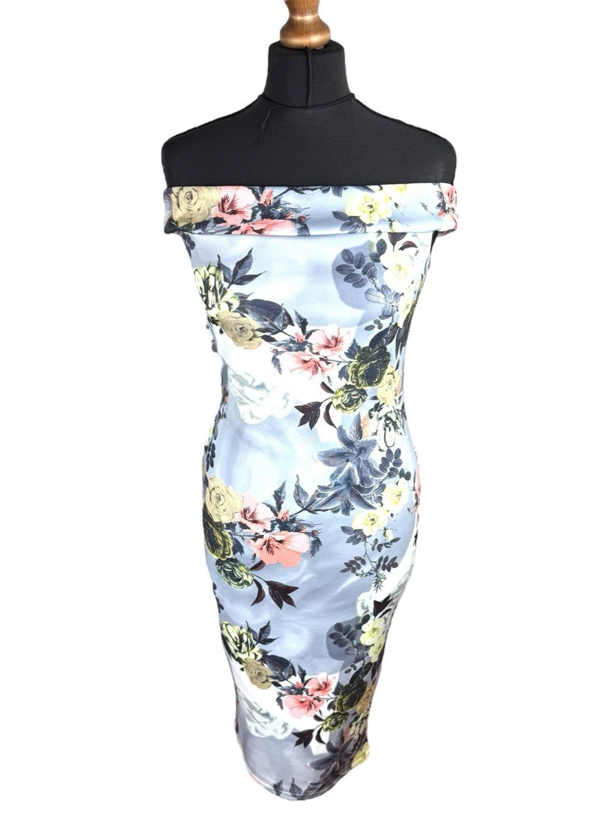 Boohoo Night Silver Floral Occassion Dress Midi Off Shoulder Women's UK Size 12