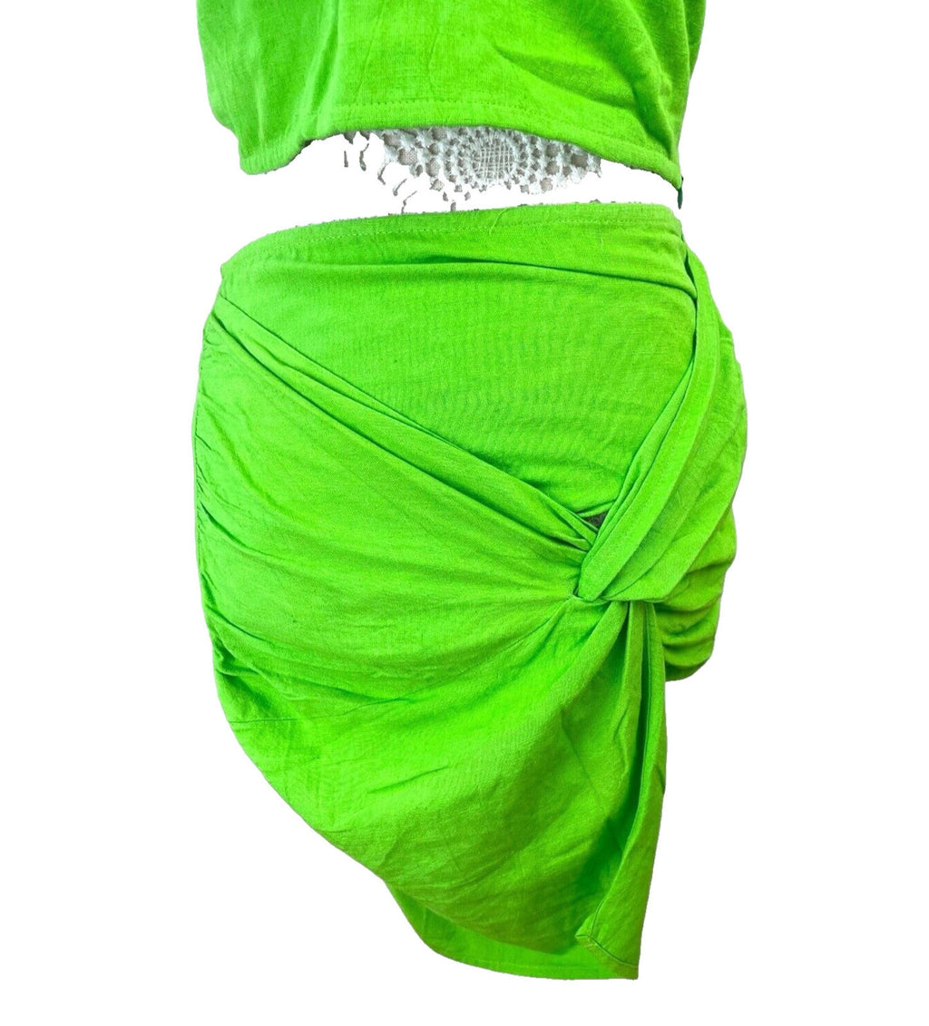 Ruched Skirt & Crop Top Set Women's UK Size 8 Bright Green Sarong One Shoulder
