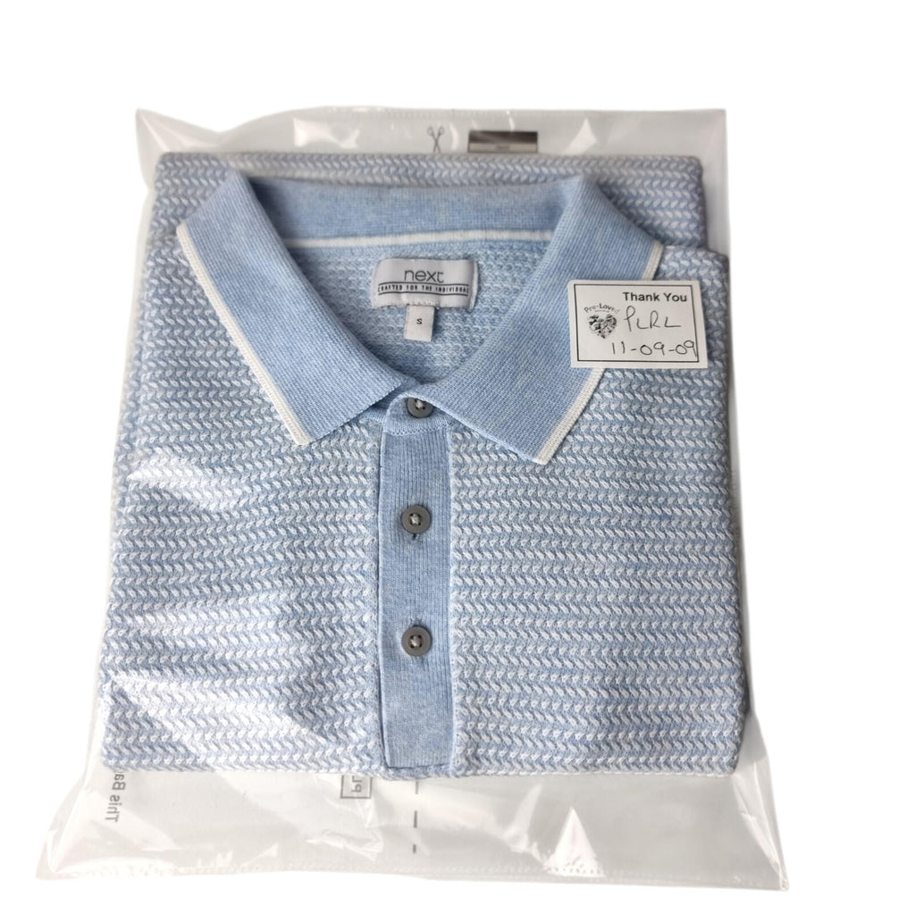 Next LightBlue Next Knit Polo Shirt Men's UK Size S Textured Sky Blue Short Sleeve 100% Cotton