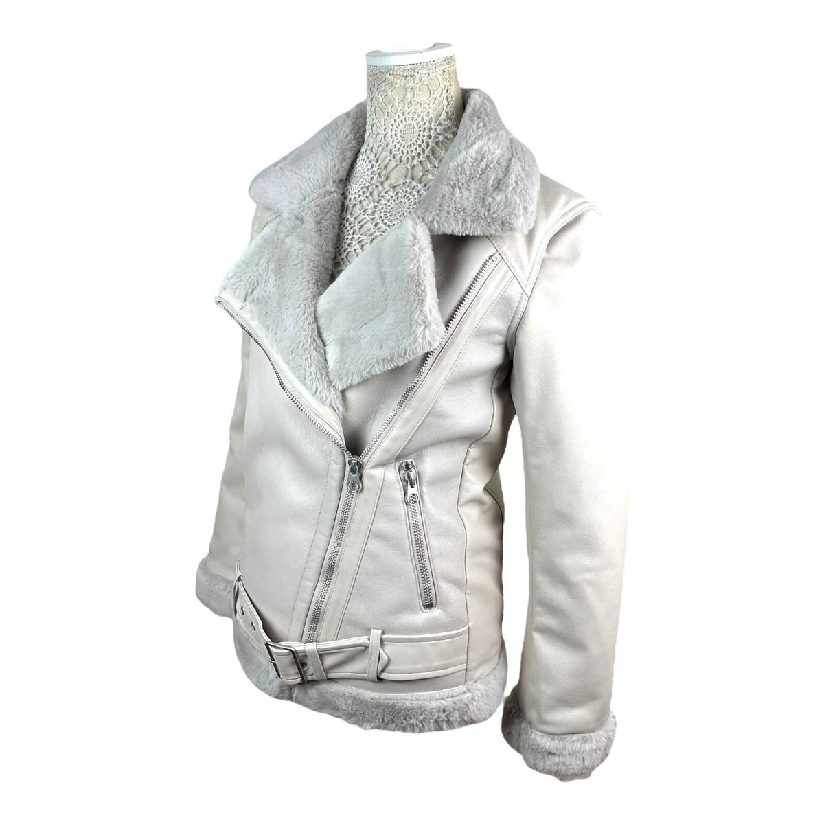 Divided Greige Faux Leather Jacket Fur Trim Collar Women's UK Size XXS