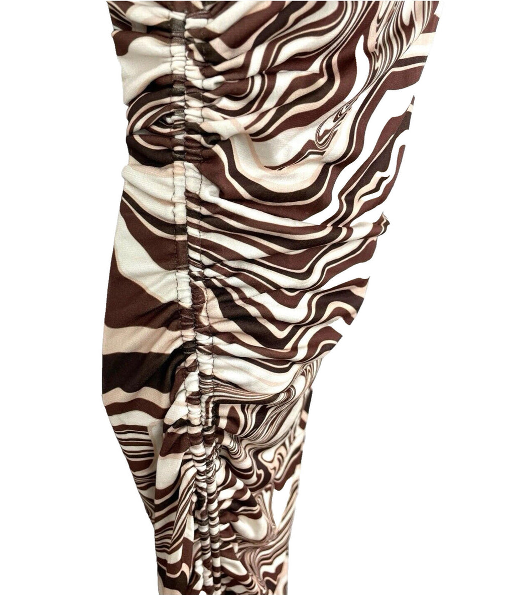 Bershka Maxi Dress Brown & Cream Ruched Side Slit Women's UK Size XS