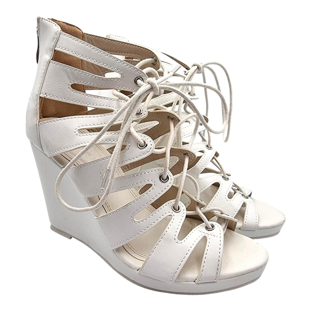 Aspirer Shoes White Aspirer Wedge Shoes Women's UK Size 7 Ankle Strap White Lace Up Faux Leather