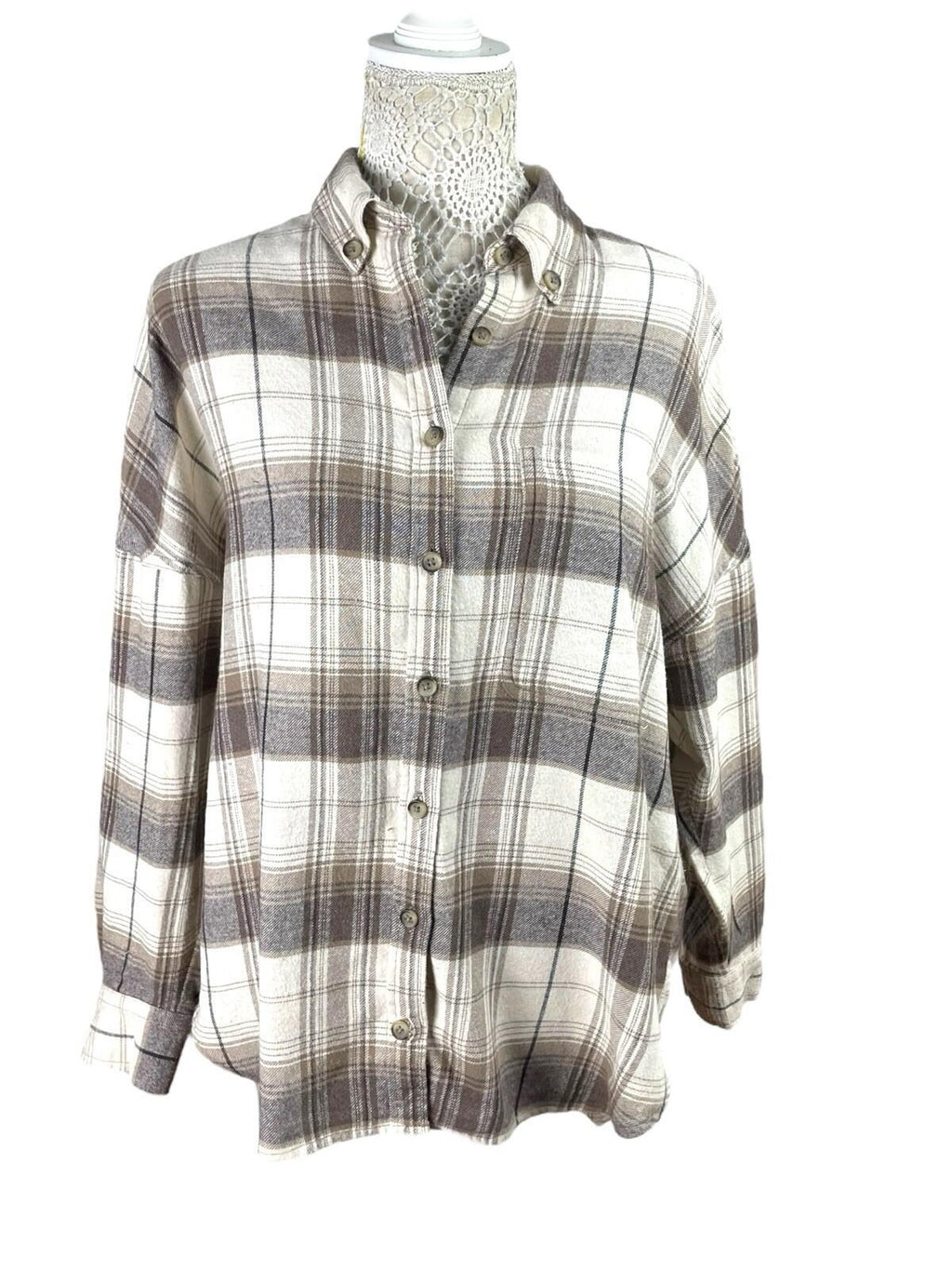 Stradivarius Beige Check Shirt Cotton Soft Touch Oversized Women’s UK Size XS
